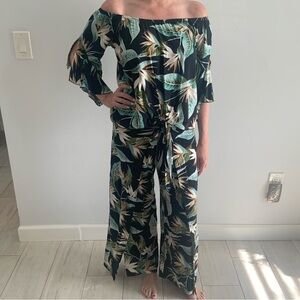 Leaf Print Off-Shoulder Jumpsuit